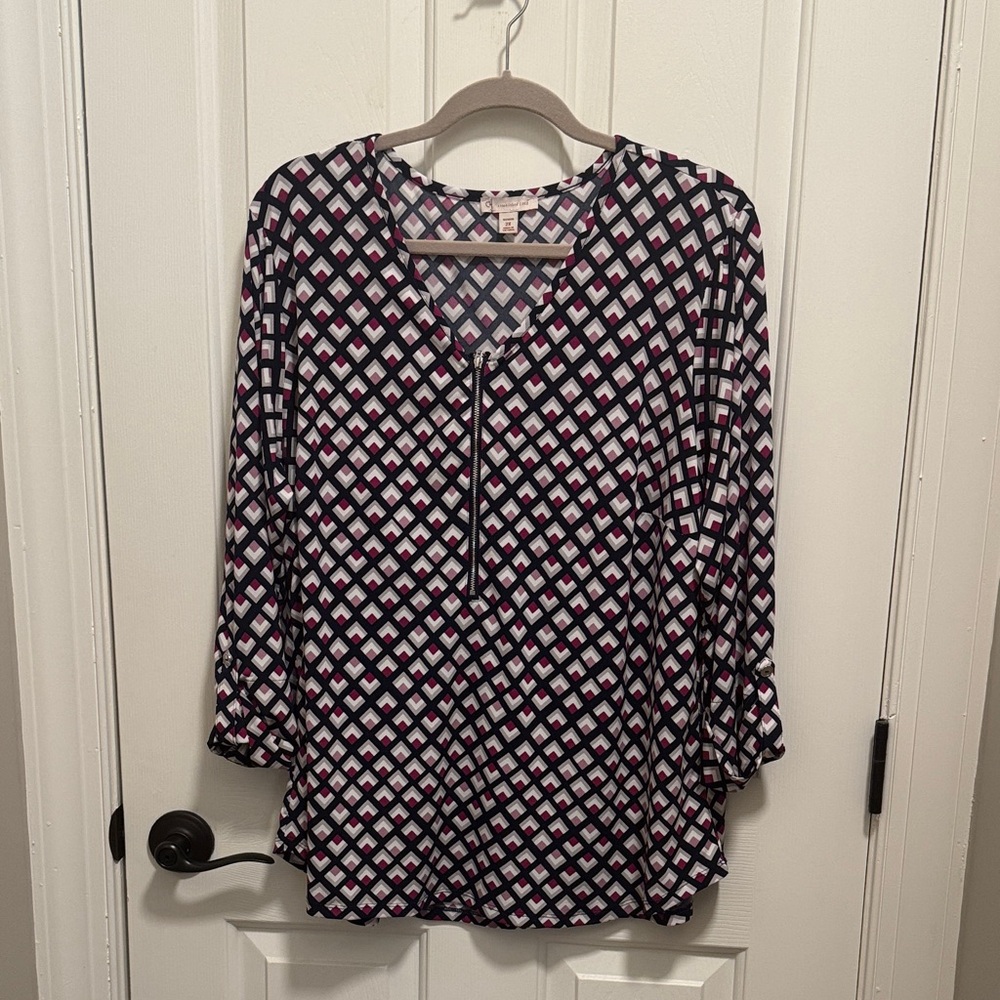 Dress Barn Navy and Purple Patterned Blouse